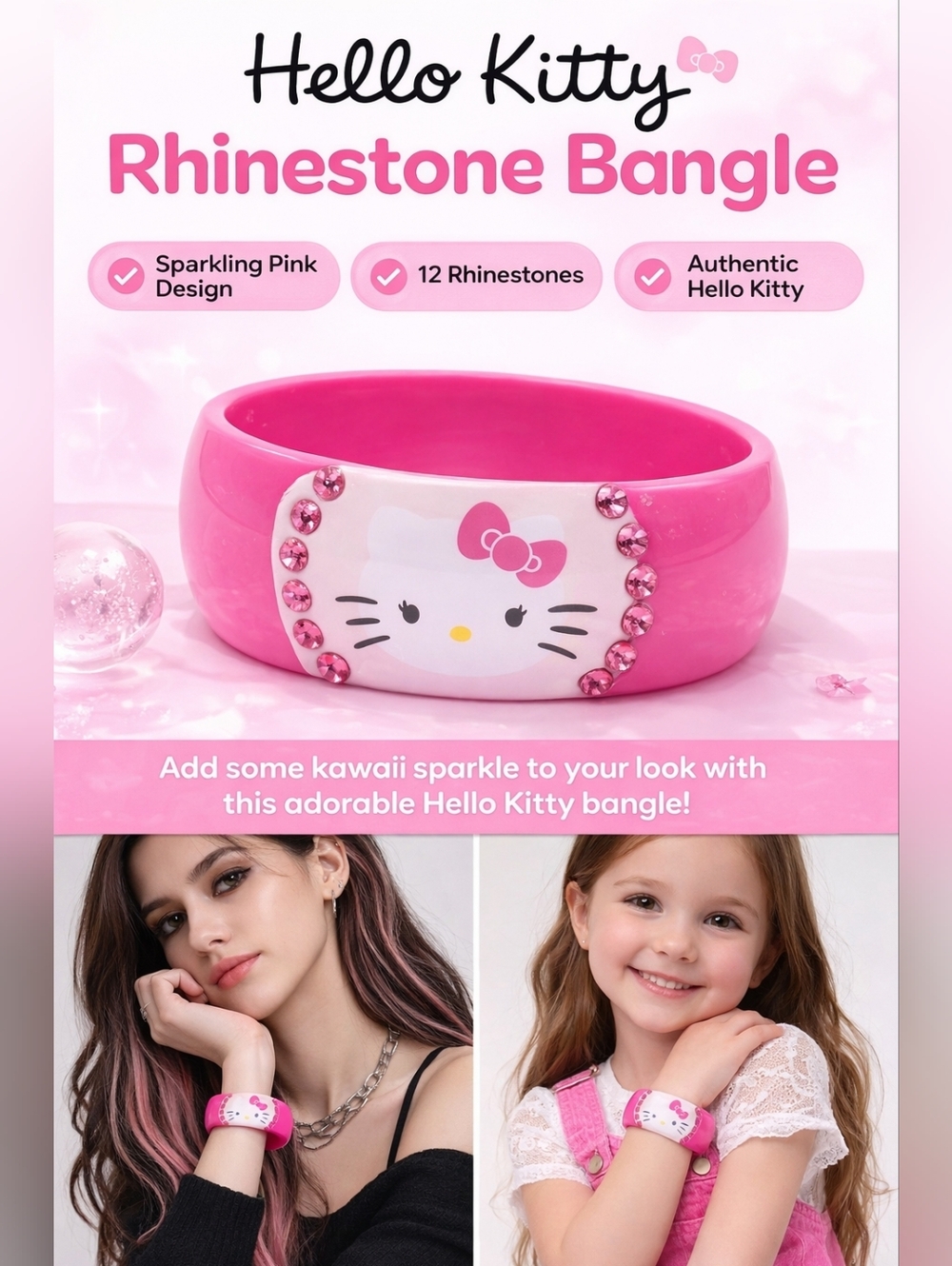 Nwt Hello Kitty Rhinestone Embellished Pink Bangle Bracelet